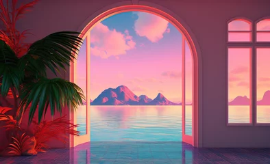 Fotobehang Open window with tropical landscape and ocean in y2k or vaporwave style. Pink sunrise in 90s style room, vacation calmness frame. © swillklitch