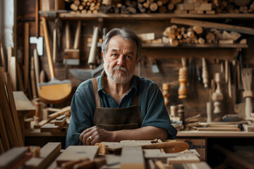 Fototapeta na wymiar Seasoned Woodworker in His Traditional Carpentry Workshop