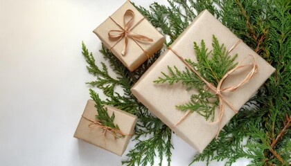 Craft gift boxes on a white background, thuja branches. Concept for Christmas holidays 