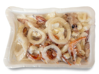 Chopped and frozen squid and shrimp and cuttlefish in vacuum-sealed package for sous vide cooking,...