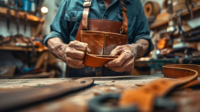 closeup hand working process leather handcraft in the leather workshop. Man holding crafting tool and working. He is sewing to make a walet. Tanner in old tannery. - Powered by Adobe