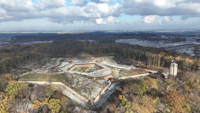 Aerial drone view of Nysa Stronghold early modern defensive systems. Fort nysa. Prussian fortress nysa in Opole. Fort Prussia, erected on the hills of the northern bank of the Nysa Klodzka river.	