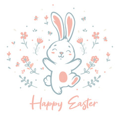 "Happy Easter". Vector illustration in watercolor style of adorable little rabbit on floral background.