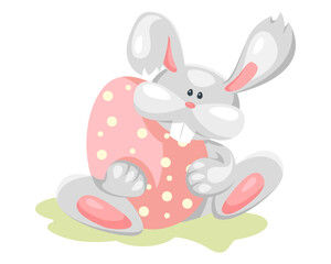 Cute Easter bunny with an egg. Festive spring clipart or sticker. Hand drawn vector illustration.