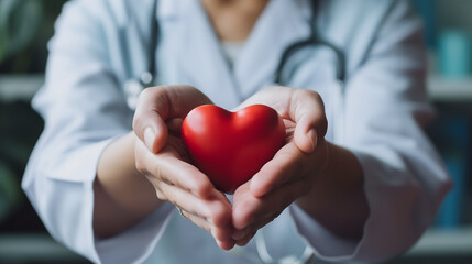 Medical Professional Holding a Red Heart - Healthcare and Compassion Concept