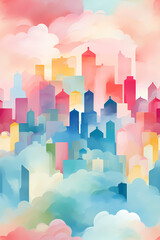 Watercolor seamless pattern with skyscrapers in clouds. Seamless background with hand drawn watercolour illustration of a city in soft pastel colors. For wallpaper, wrapping paper, design, print