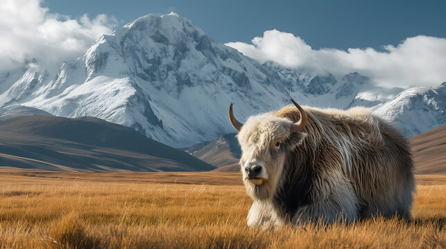 Majestic Yak Grazing in the High Altitude Fields with Snowy Mountain Background