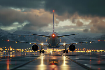 Passenger plane on the airport runway with lights, rear view. A plane taking off
 - obrazy, fototapety, plakaty