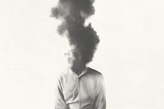 Illustration of black and white stressed business man, surreal emotional concept