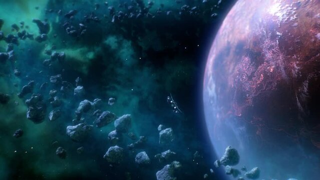 Futuristic spaceship appears from wormhole and flies past camera to alien planet through asteroid field