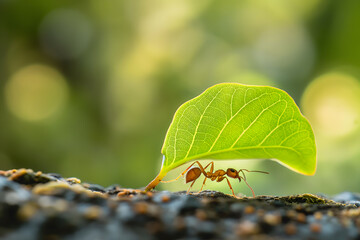 The Strength of Nature: An Ant Carrying a Leaf Across a Path