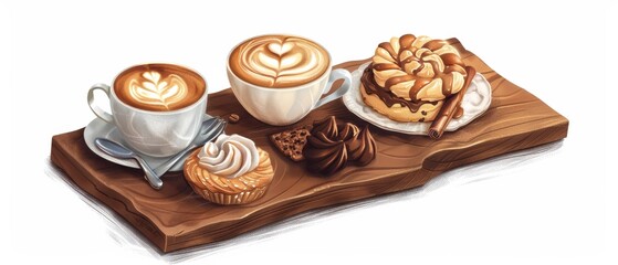 A cappuccino with a frothy top in a white mug on a wooden table surrounded by cupcakes and coffee beans.