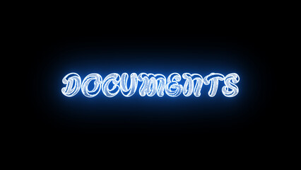 Neon sign with word DOCUMENTS glowing in blue on dark background.