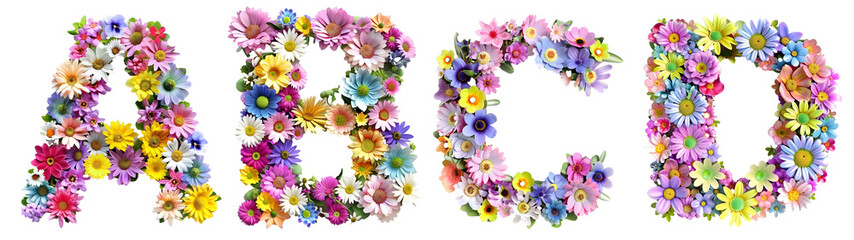 Alphabet letter A, B, C, D Font made with flowers on transparent background cut-out - Generative AI	