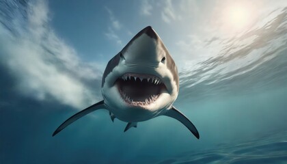 Ocean shark bottom view from below. Open toothy dangerous mouth with many teeth. Underwater blue...