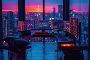A modern trading desk with multiple screens displaying graphs, in a room with a view of a cityscape at twilight - obrazy, fototapety, plakaty