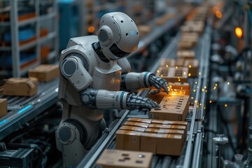 A highly detailed view of a robot arm engaged in the manufacturing line, symbolic of automation and technology advancement