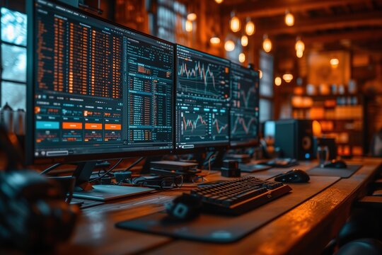 An advanced workspace with computer screens displaying financial data, set in a warmly lit room with books