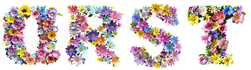 Alphabet letter Q, R, S, T Font made with flowers on transparent background cut-out - Generative AI	