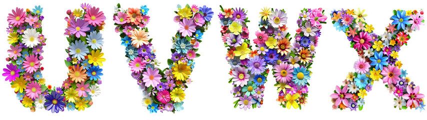 Fototapeta na wymiar Alphabet letter U, V, W, X Font made with flowers on transparent background cut-out - Generative AI 