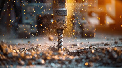 metal drill bit make holes in concrete wall on industrial drilling machine with shavings. Metal work industry. AI generated illustration - obrazy, fototapety, plakaty
