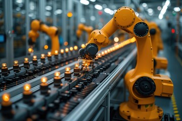 Precision robotic arms working seamlessly on a production line in a high-tech manufacturing facility