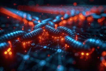 Computer generated image of a digital blockchain with interconnected nodes signifying secure distributed ledger system