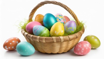 Fototapeta na wymiar aster basket filled with colorful eggs isolated on white background. Easter celebration 