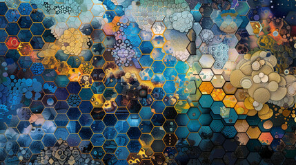 A digital mosaic of hexagonal patterns, arranged in a intricate tapestry that tells the story of humanity's journey through time and space, from ancient civilizations to distant futures. 8K - - obrazy, fototapety, plakaty