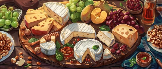 A rustic wooden cutting board overflowing with a variety of cheeses, fruits, nuts, and a drizzle of honey.