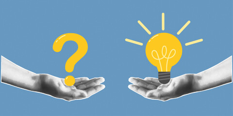 Halftone collage banner. Two hands cut out of paper, one holding a question mark, the other a light bulb. Question and answer, problem solving or business solutions concept.