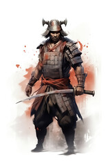 Watercolor sketch of Japanese samurai warrior in armor with sword of katana - 756614720