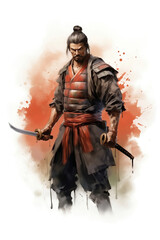 Watercolor sketch of Japanese samurai warrior in armor with sword of katana - 756614721