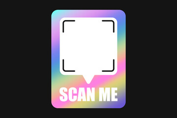 Neon vector frame QR code, scan me phone label template. Qr code mockup, Y2K holographic rainbow smartphone identifier icon with barcode on dark background. - obrazy, fototapety, plakaty