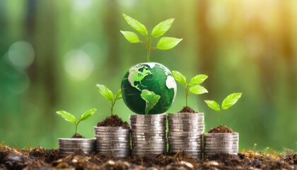 green globe with world map and stack of silver coins the seedlings are growing on top concept of green business finance and sustainability investment carbon credit money saving investment - obrazy, fototapety, plakaty