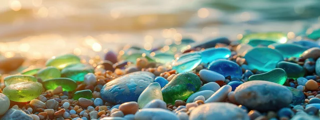  Colorful gemstones on a beach, polish textured sea glass. © John_Doo78