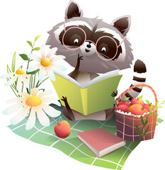 Cute raccoon reading books or study, on picnic blanket with a basket of apples. Summer or spring cartoon for children with animal reading books. Vector animals in nature clip art collection. - 756614999