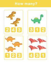 Counting educational children game. Math kids activity sheet. How many counting game with cute dino illustration.  © G.rena