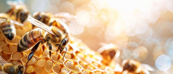 Close-up of bees on a honeycomb with glistening honey drops, against a vibrant yellow background. - obrazy, fototapety, plakaty