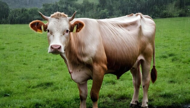 A Cow With Its Fur Slicked Back From The Rain