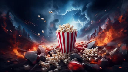 Deurstickers Realistic movie theater advertising poster, popcorn bucket, clapperboard, movie tape and reel, popcorn flying in motion. Movie production banner, movie premiere © Anthichada