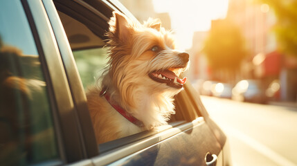 Head of happy lap dog looking out of car window. Curious terrier enjoying road trip on sunny summer day - obrazy, fototapety, plakaty