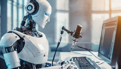 Humanoid AI robot working at the radio station studio, artificial intelligence 