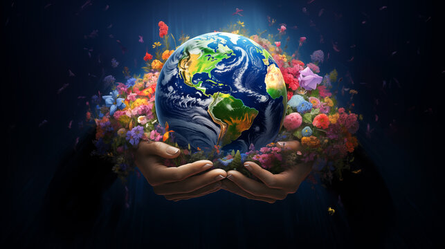 A nurturing hand holding a perfect globe of the Earth surrounded by vibrant flowering plants