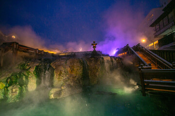 Yubatake hot spring in the center of Kusatsu town, one of the most famous hot springs resorts in...