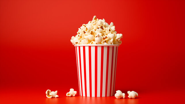 Close up image of a red and white striped popcorn cup with lots of popcorn in a movie theater