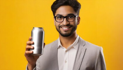 Man holding aluminum can on yellow background 