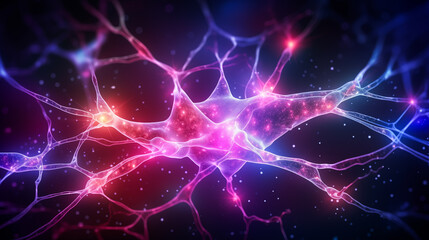 Fototapeta premium Neurons cells concept. Microscope view of nervous system. Close up of human brain showing neurons firing and neural extensions