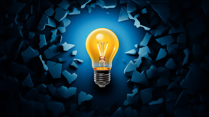 One yellow light bulb emerge from the hole among falling blue light bulb with copy space for creative thinking , problem solving solution and outstanding concept