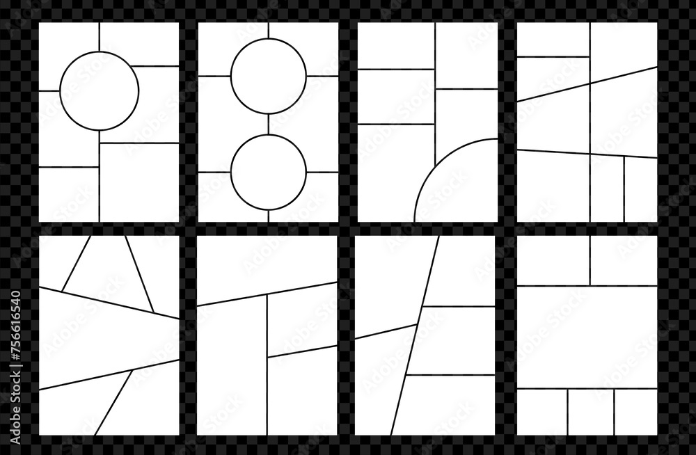 Aufkleber Set of Grid template for photo collage. Vector mood board. Page with frames. Simple layout mosiac with roundes on transparent bg.